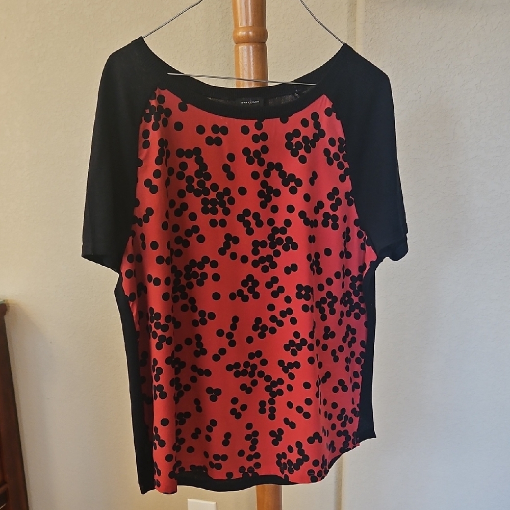 Ann Taylor Blue and Red Polka Dot Sweater Blouse, Medium